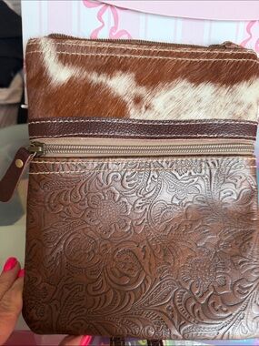 Myra Bag Brown Tooled Leather & Cowhide Crossbody